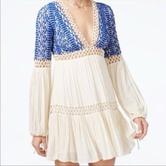 FREE PEOPLE Dusk Till Dawn Embroidered Blue Boho Mini Dress - Size S/4 - NWoT! - Picture 2 of 10